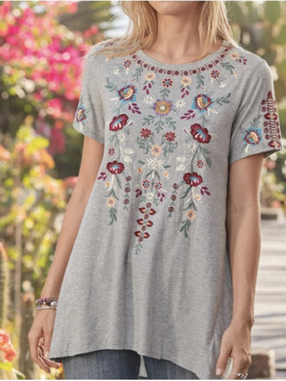Johnny Was Gray Floral Embroidered Hi Low Tunic Top L